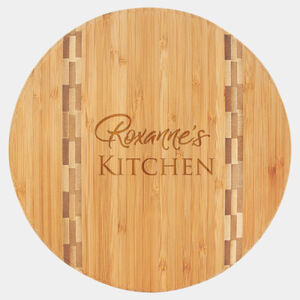 Personalized 9 3/4" Round Bamboo Cutting Board with Butcher Block Inlay Thumbnail