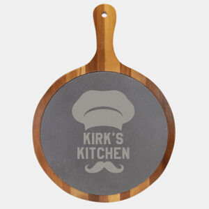 Personalized 10 1/2" x 14 1/2" Round Acacia Wood/Slate Serving Board with Handle Thumbnail