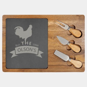 Personalized 13 3/4" x 9 3/4" Acacia Wood/Slate Rectangle Cheese Set with Three Tools Thumbnail
