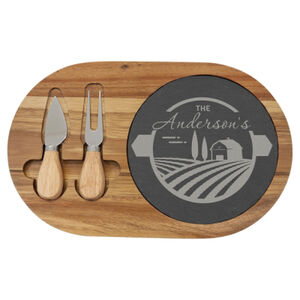 Personalized 12 1/2" x 7 3/4" Acacia Wood/Slate Oval Cheese Set with Two Tools Thumbnail