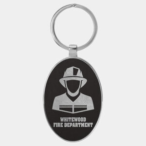 Personalized 3" x 1 3/4" Laserable Leatherette/Metal Black/Silver Oval Keychain Thumbnail