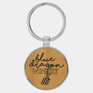 Personalized 1 1/2" Laserable Leatherette/Metal Bamboo Round Keychain Thumbnail
