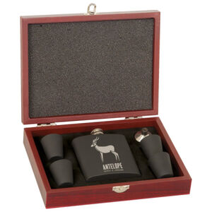 Personalized 6 oz. Matte Black Laserable Stainless Steel Flask Set in Wood Presentation Box Thumbnail