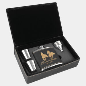 Personalized 6 oz. Black/Gold Laserable Leatherette Flask Gift Set Thumbnail
