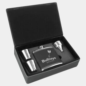 Personalized 6 oz. Black/Silver Laserable Leatherette Flask Gift Set Thumbnail