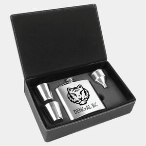 Personalized 6 oz. Stainless Steel Flask Set in Black/Silver Laserable Leatherette Box Thumbnail