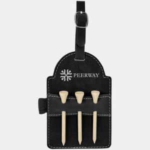 Personalized 5" x 3 1/4" Black/Silver Laserable Leatherette Golf Bag Tag with 3 Wooden Tees Thumbnail