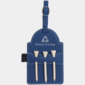 Personalized 5" x 3 1/4" Blue/Silver Laserable Leatherette Golf Bag Tag with 3 Wooden Tees Thumbnail