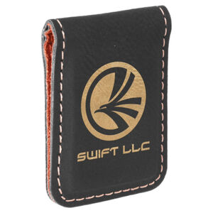 Personalized 1 3/4" x 2 1/2" Black/Gold Laserable Leatherette Money Clip Thumbnail