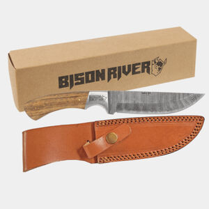 Personalized Bison River 9 1/2" Fixed Blade Wood Knife with Damascus Steel Blade and Leather Sheath Thumbnail