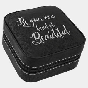 Personalized 4" x 4" Black/Silver Laserable Leatherette Travel Jewelry Box with Tan Lining Thumbnail