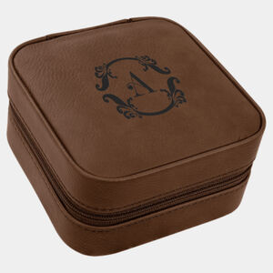 Personalized 4" X 4" Dark Brown Laserable Leatherette Travel Jewelry Box with Black Lining Thumbnail