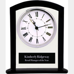 Personalized 6 1/4" Black/Clear Glass Square Arch Clock Thumbnail
