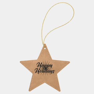 Personalized Light Brown Laserable Leatherette Star Ornament with Gold String Thumbnail