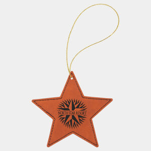 Personalized Rawhide Laserable Leatherette Star Ornament with Gold String Thumbnail