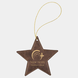Personalized Rustic/Gold Laserable Leatherette Star Ornament with Gold String Thumbnail